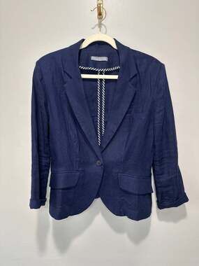 Olivia Moon Women's Navy Blue 100% Linen Blazer Size Large